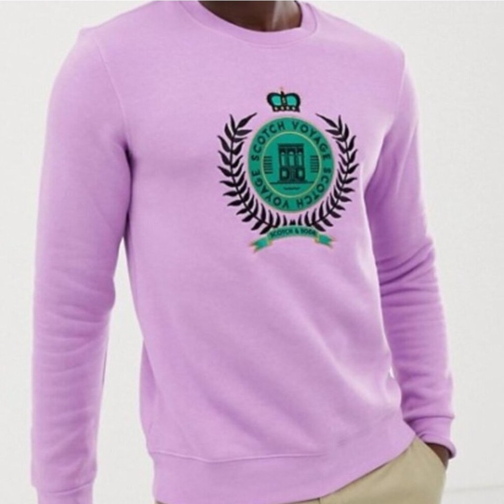 Scotch & Soda Mens Lilac Purple Scotch Voyage Graphic Crest Crewneck Sweatshirt